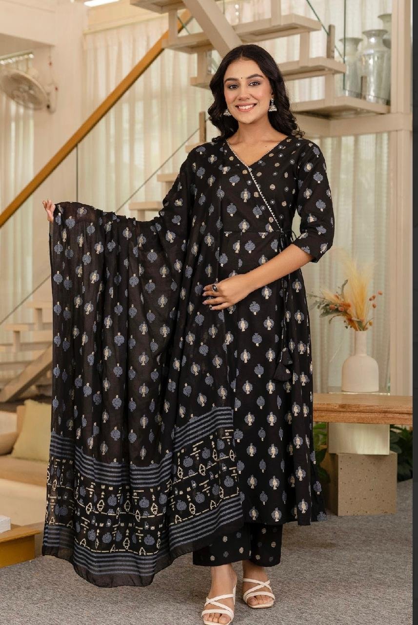 Embroidered Angrakha Anarkali Cotton Suit Set